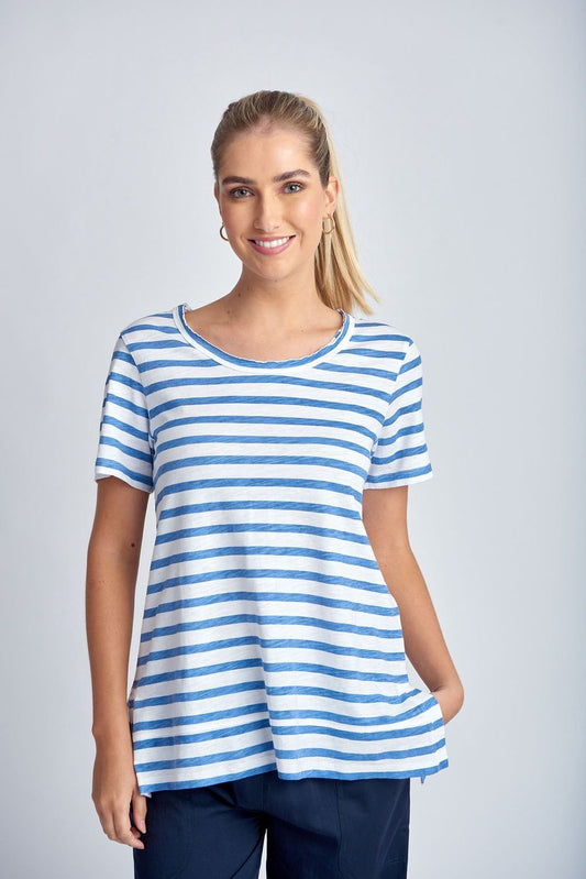 Stripe Crew Neck Tee - White/Deep Blue