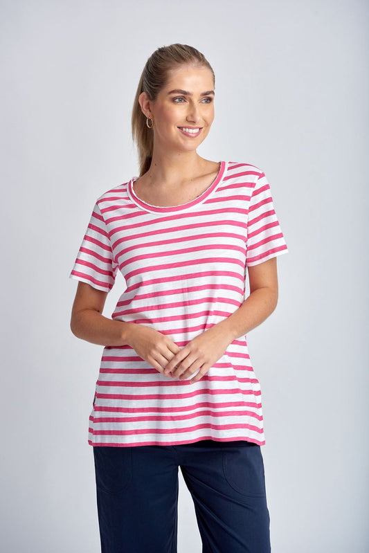 Stripe Crew Neck Tee - White/Raspberry