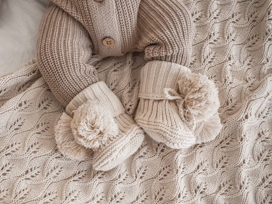 Knitted Pom Pom Booties - Honey Milk