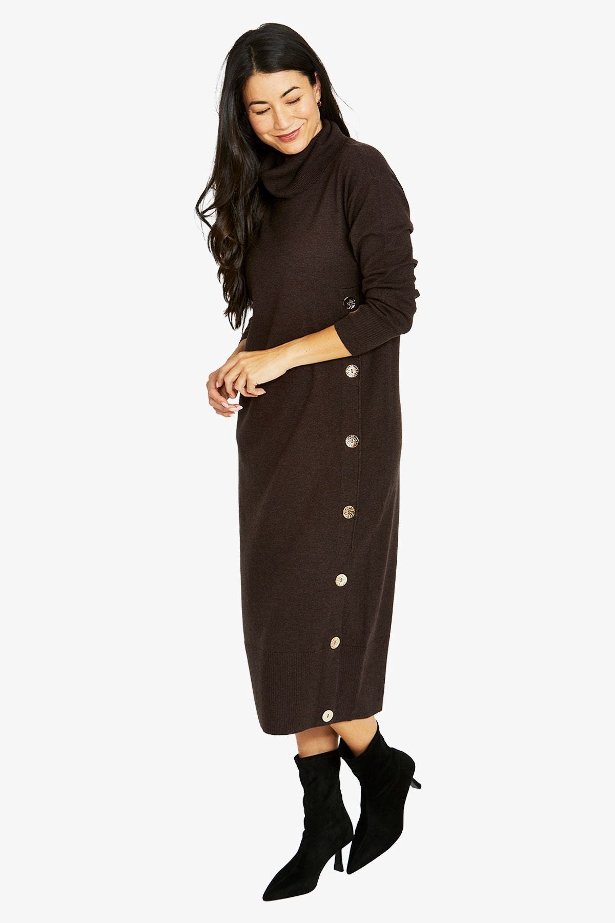 Side Button Dress - Dark Chocolate Marle