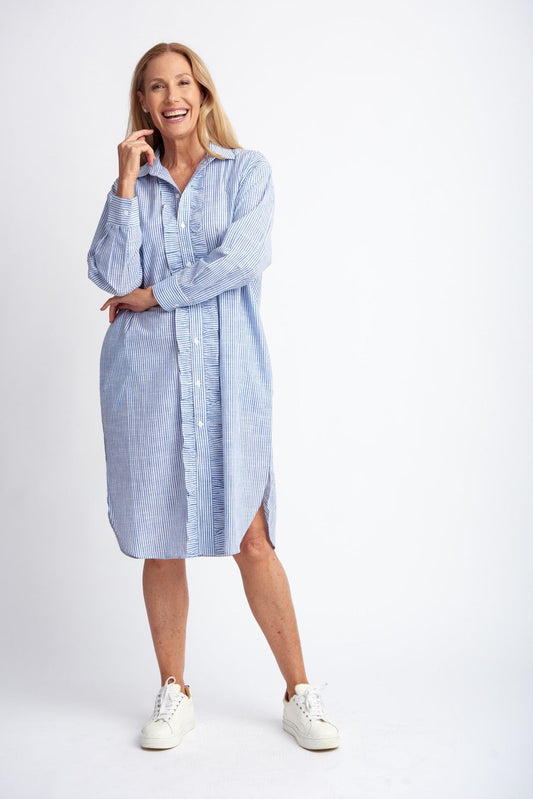 Ruffle Cotton Shirt Dress - Navy/White