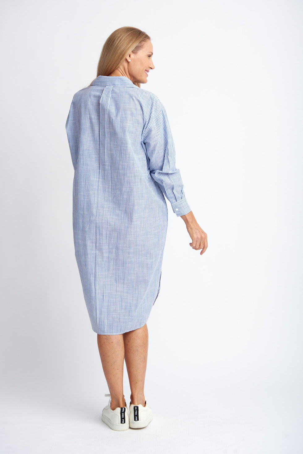 Ruffle Cotton Shirt Dress - Navy/White