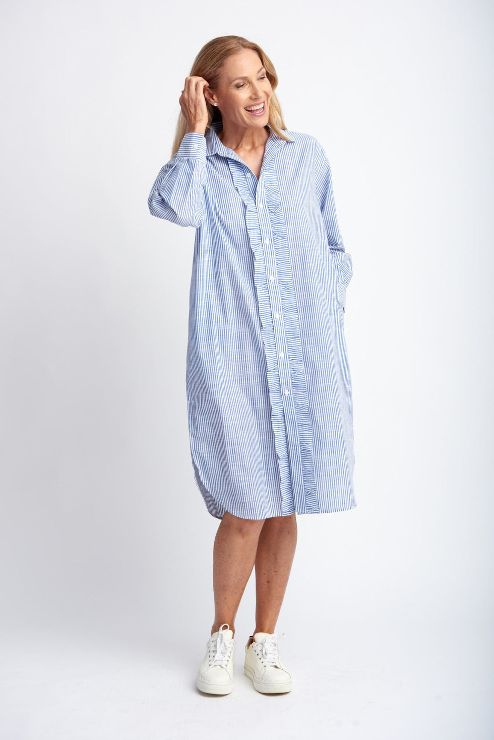 Ruffle Cotton Shirt Dress - Navy/White