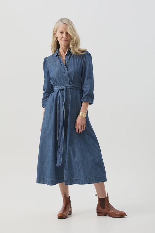 100% Cotton Chambray Shirt Dress Denim Blue