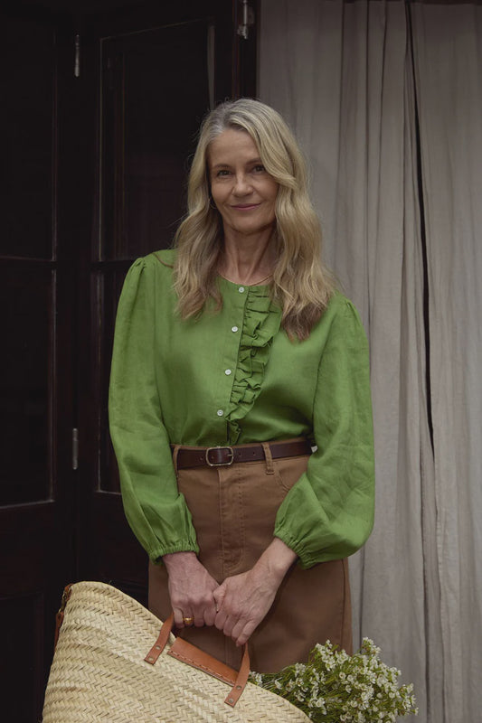 Linen Relaxed Frill Blouse - Leaf Green
