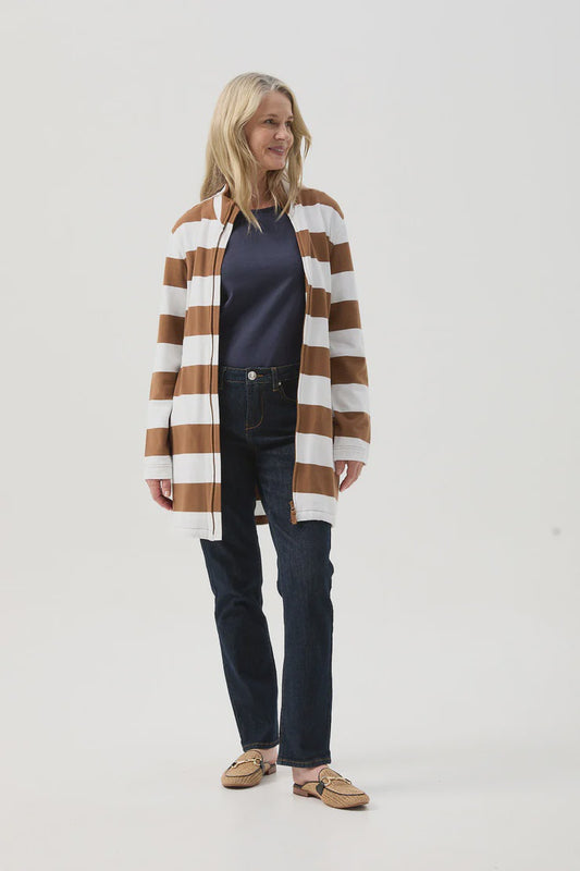 Stripe Rugby Zip Through Jacket Tobacco/White