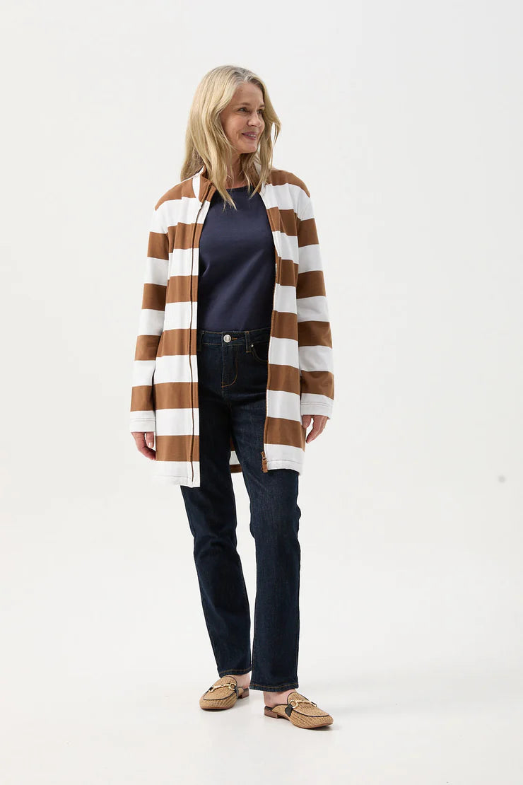 Stripe Rugby Zip Through Jacket Tobacco/White