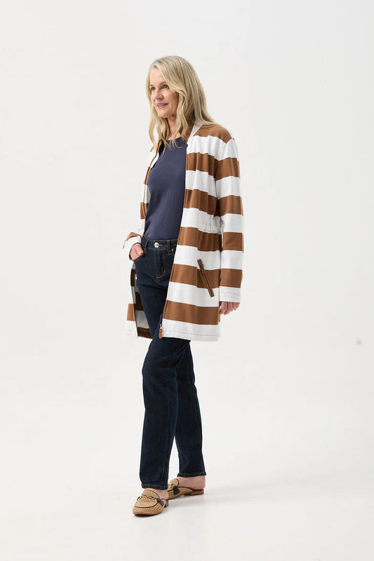 Stripe Rugby Zip Through Jacket Tobacco/White