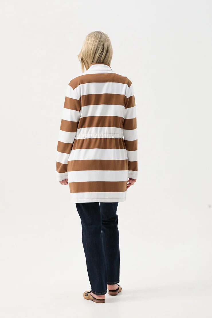 Stripe Rugby Zip Through Jacket Tobacco/White