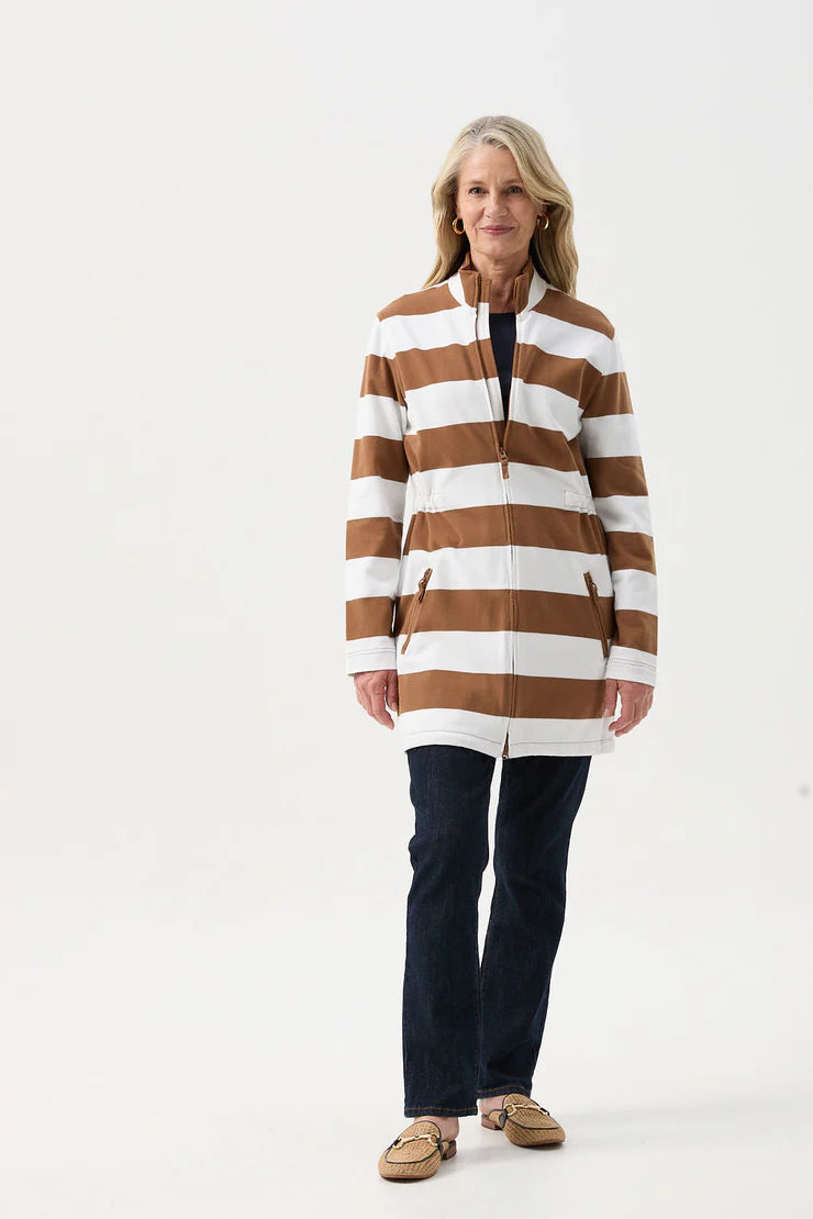 Stripe Rugby Zip Through Jacket Tobacco/White