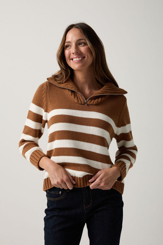 Cotton Stripe 1/2 Zip Jumper Bronze Brown/White