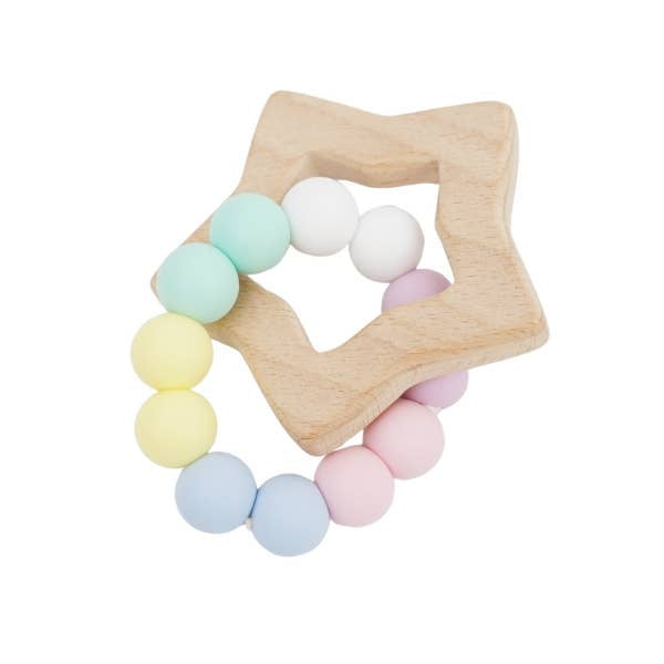 Star Silicone + Beechwood Teether Rings (Pastel Rainbow)