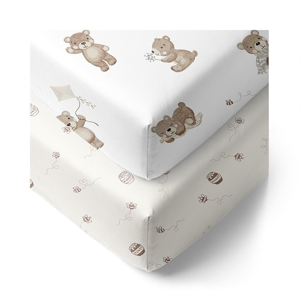 2 Pack Organic Cot Fitted Sheet - Cuddly Bear