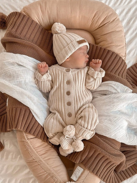 Knitted Cotton Ribbed Romper - Honey Milk