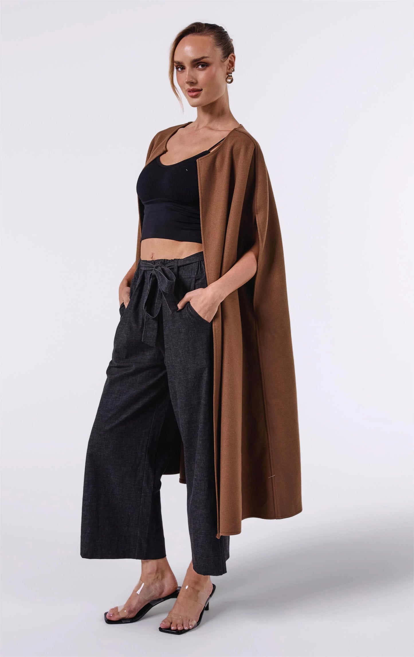 Sleeveless Long Coat - Brown