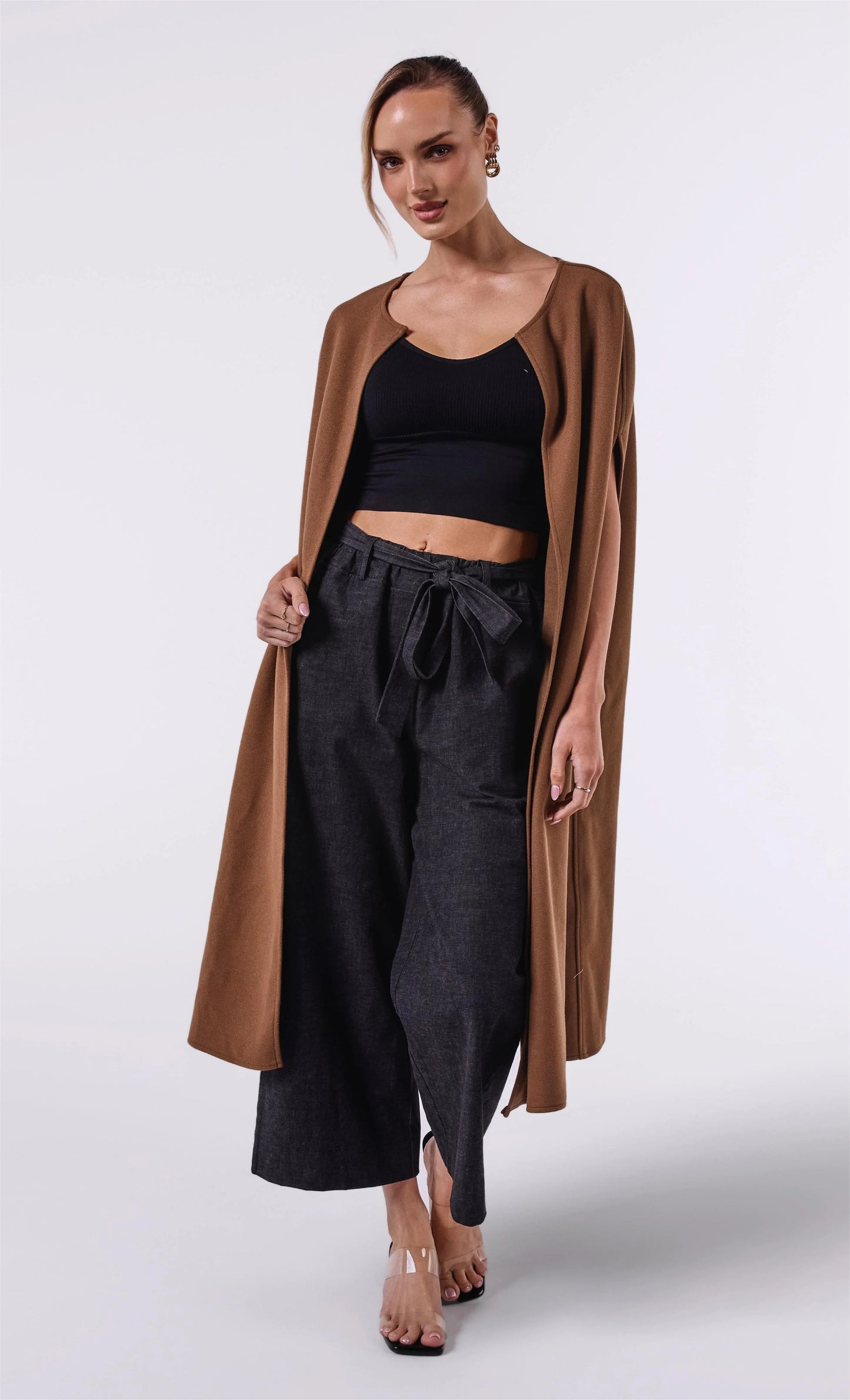 Sleeveless Long Coat - Brown