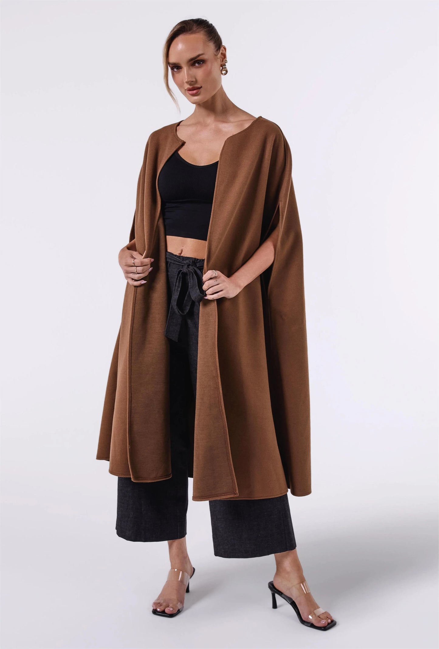 Sleeveless Long Coat - Brown