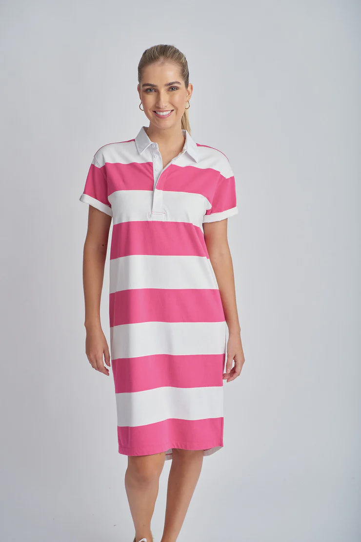 Stripe Rugby Dress - White/Raspberry