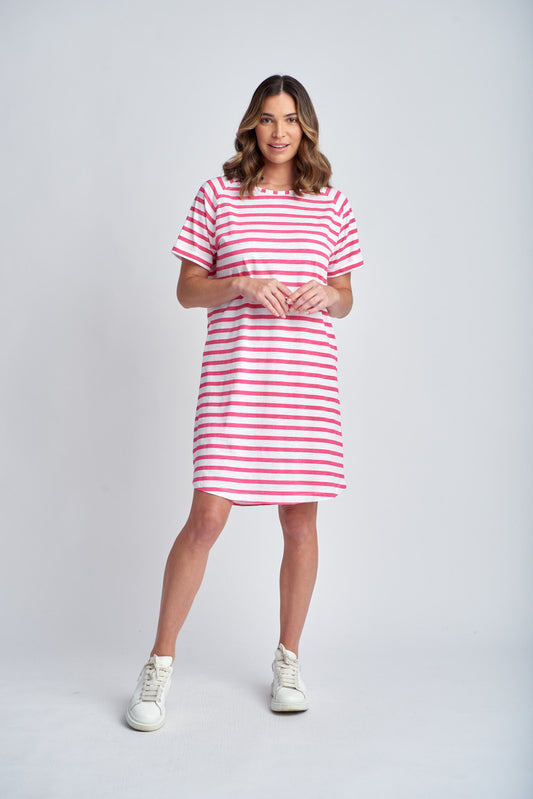 Stripe Raglan Sleeve Dress - White/Raspberry