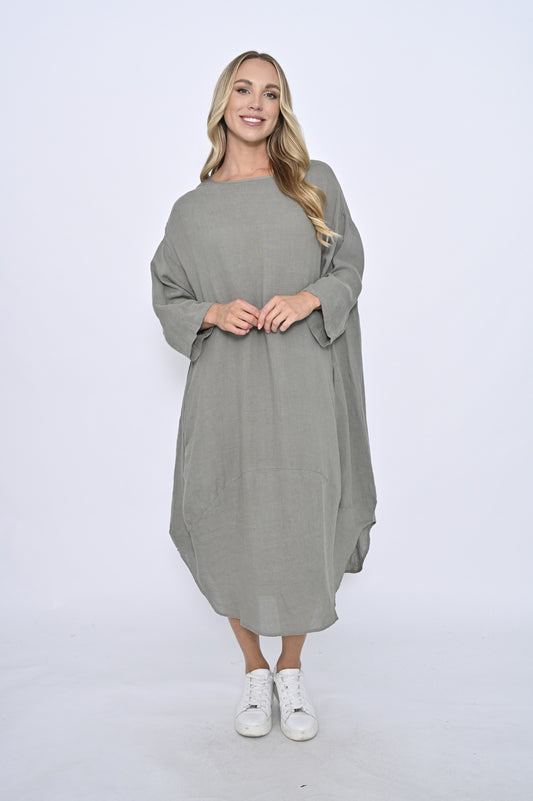 Long Sleeve Linen Maxi Dress - Khaki