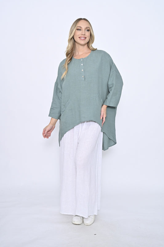 Front Button Long Sleeve Hi-Lo - Sage