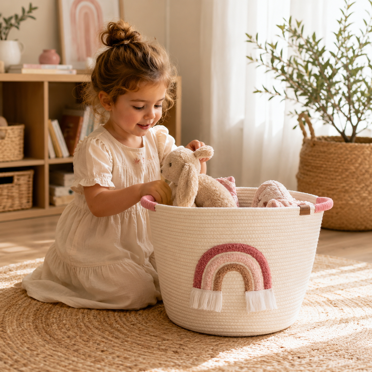Embroidered Cotton Rope Hamper - Rainbow