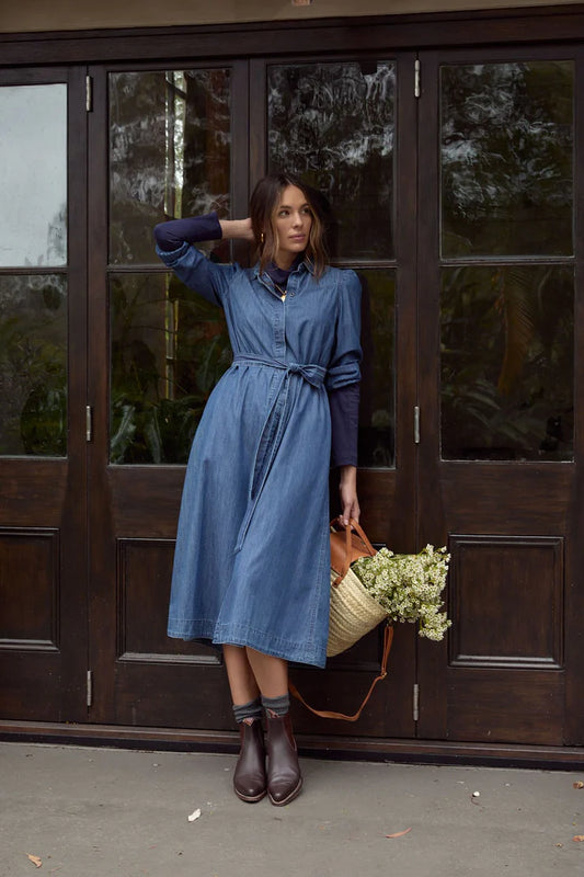 100% Cotton Chambray Shirt Dress Denim Blue