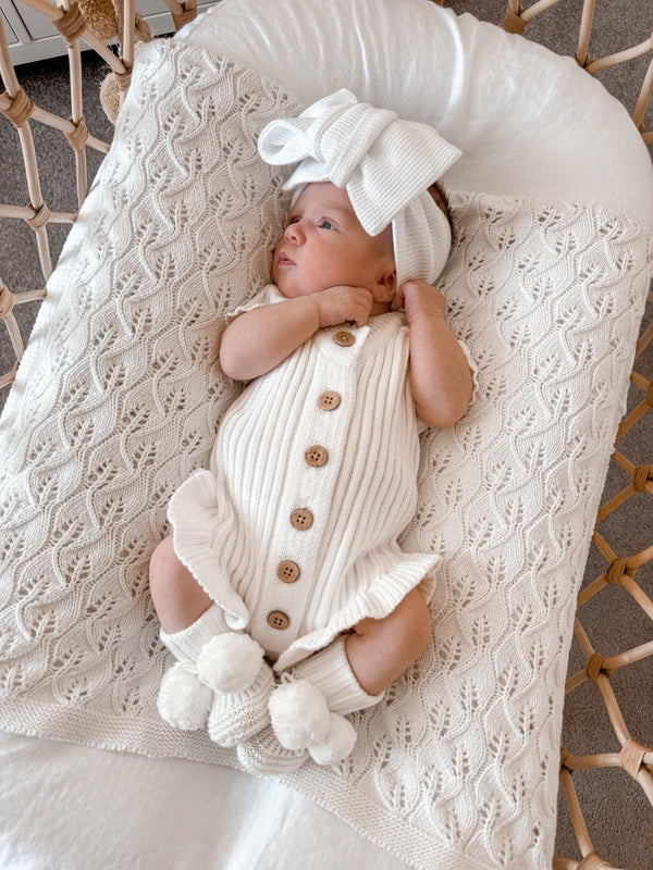 Knitted Cotton Ribbed Ruffle Romper - Milk