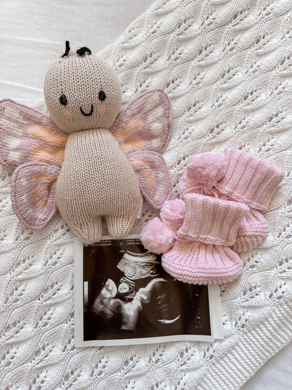 Knitted Pom Pom Booties - Pink
