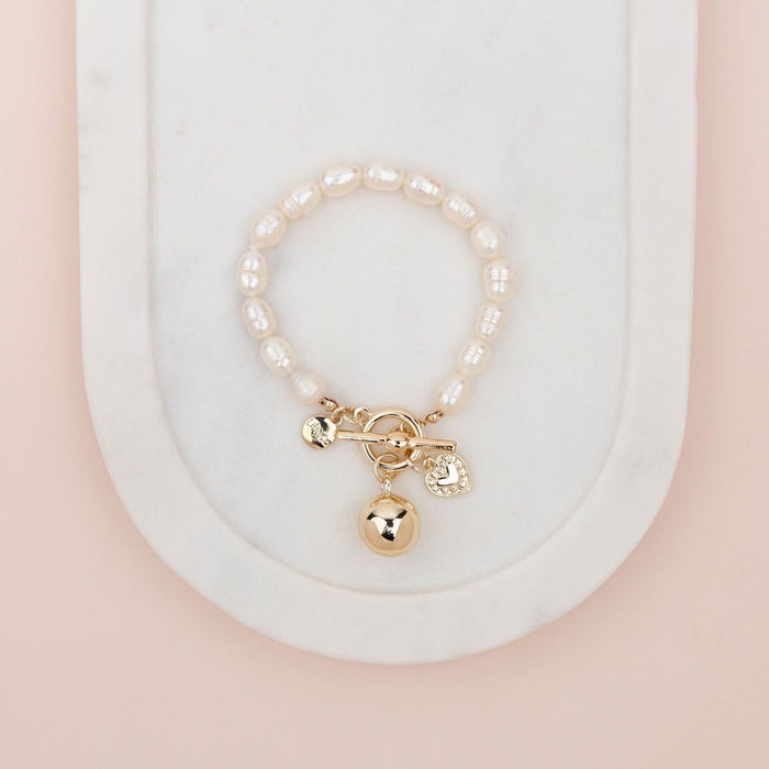 Gold  Ball Pendant Freshwater Pearls Bracelet