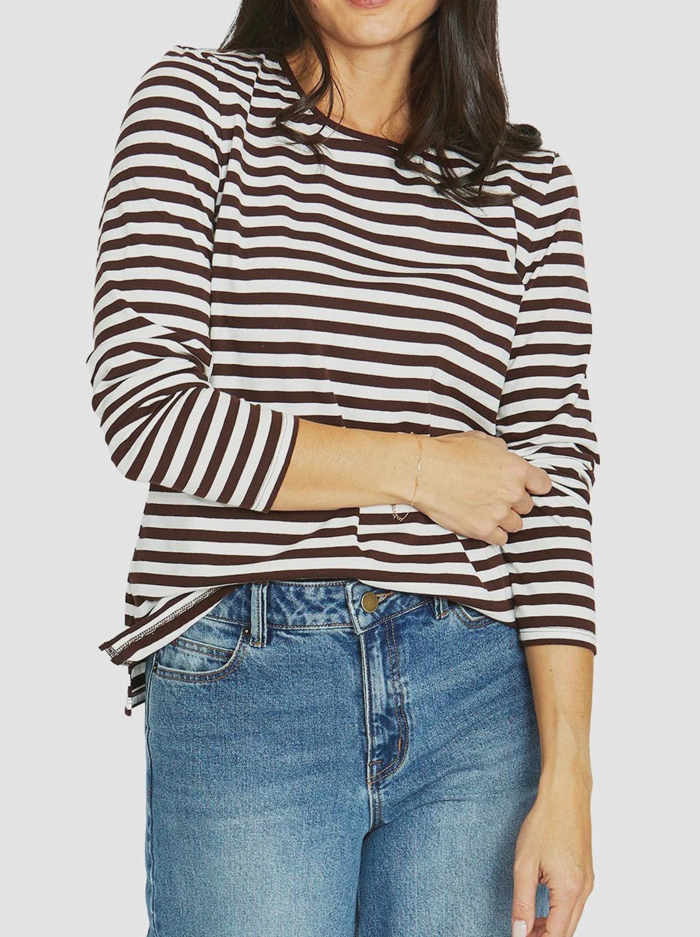 Stripe Crew L/S Tee - Choc/Ivory