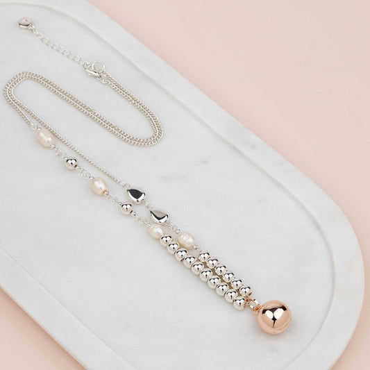 Silver & Rose Gold Beads & Pearls Ball Necklace