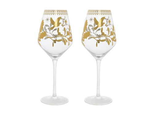 White Christmas Wine Glass 500ML Set of 2 Gold Gift Boxed