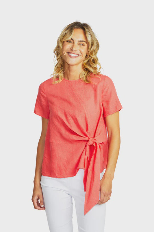 Jasmine Linen Knot Top - Coral