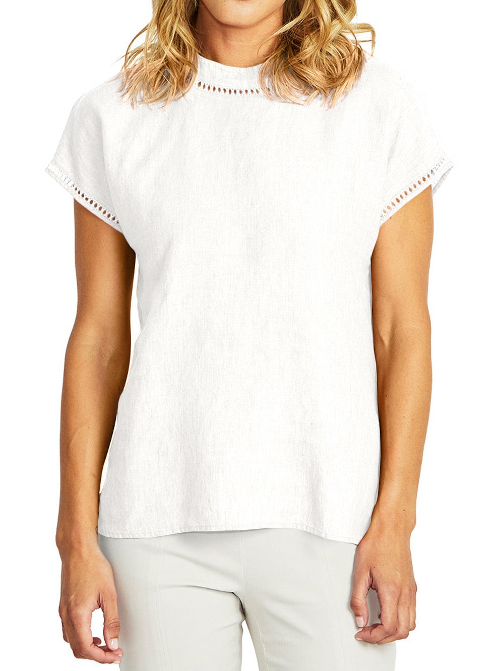 Jade Linen Trim Top - White