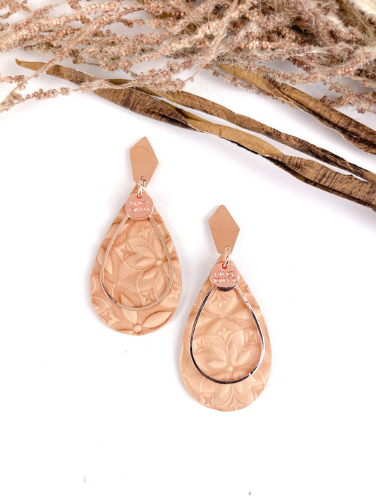 Hand Pressed Natural Tan Leather Teardrops - Rose Gold
