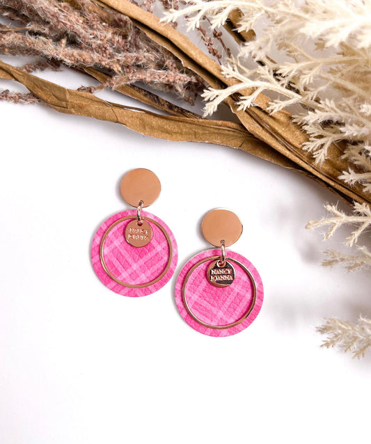 Deep Pink Gingham Round Drops - Rose Gold