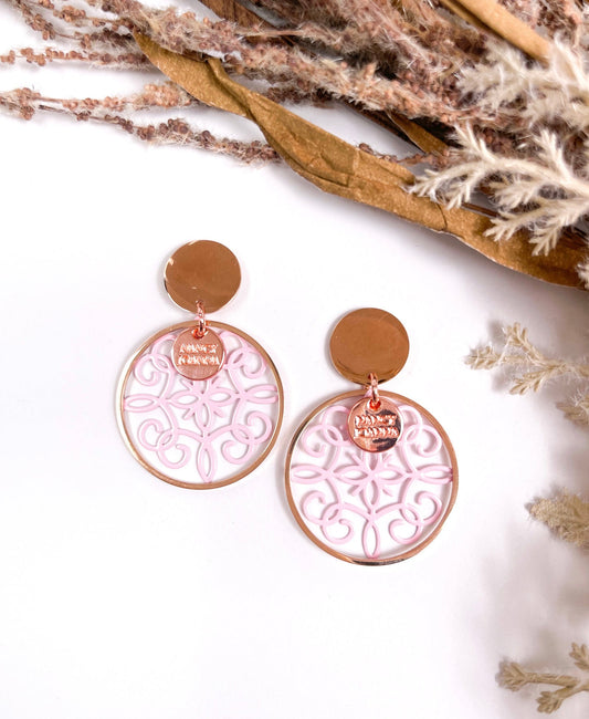 Pink Scroll Lace Earrings - Rose Gold