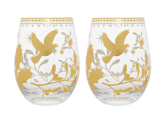 White Christmas Stemless Wine Glass 550ML Set of 2 Gold Gift Boxed