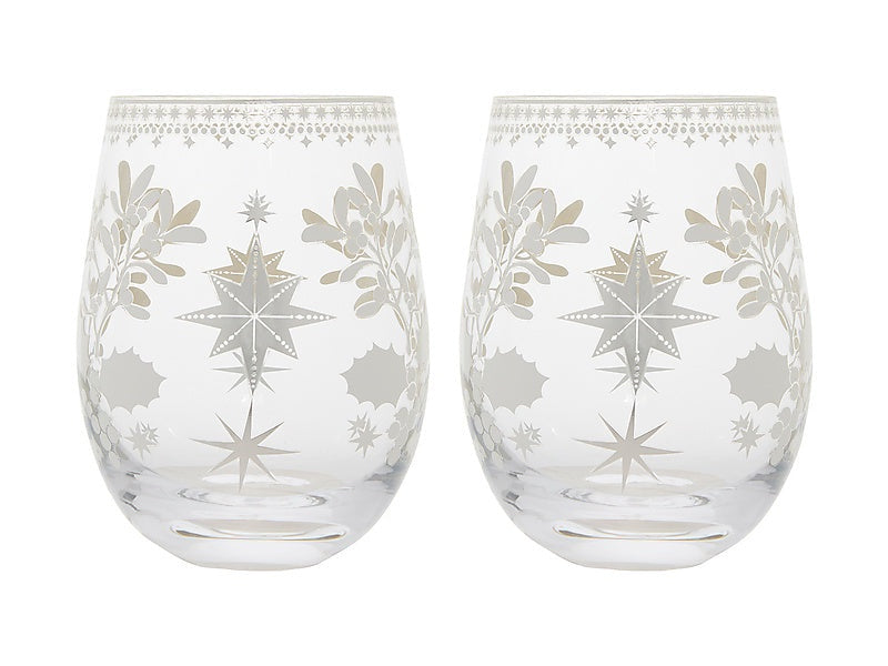 White Christmas Stemless Wine Glass 550ML Set of 2 Silver Gift Boxed