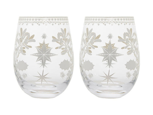 White Christmas Stemless Wine Glass 550ML Set of 2 Silver Gift Boxed