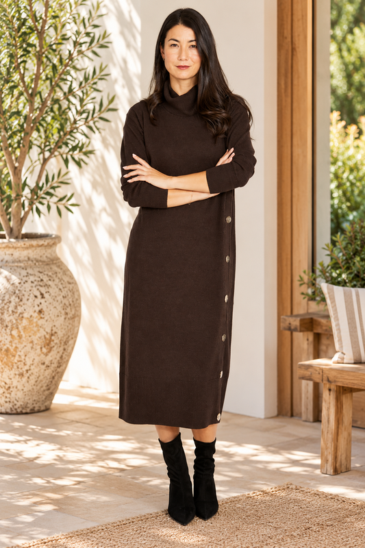 Side Button Dress - Dark Chocolate Marle
