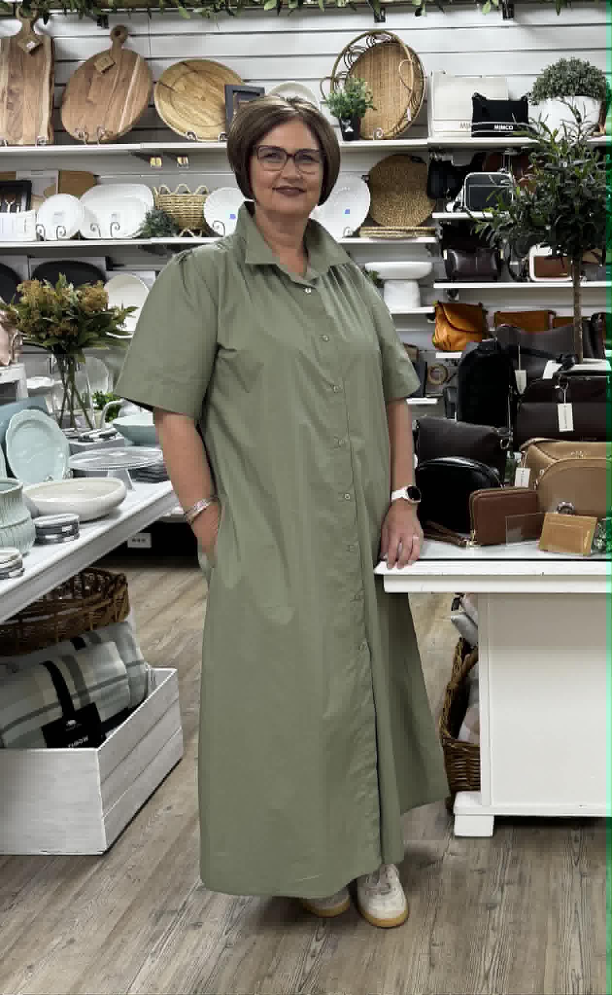 Short Sleeve Shirt Dress - Sage