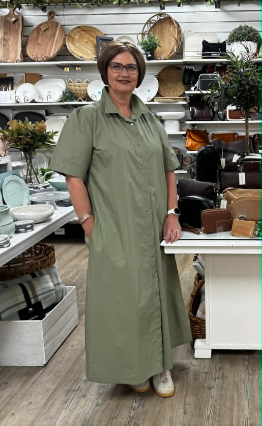 Short Sleeve Shirt Dress - Sage