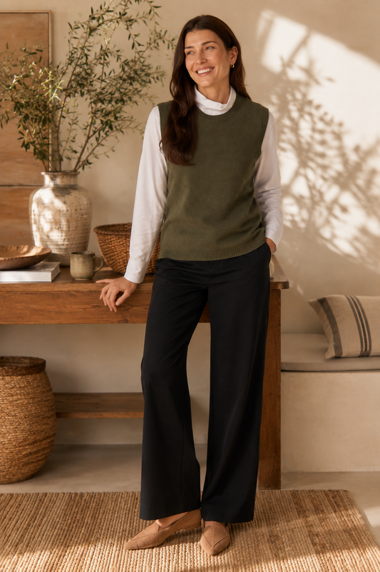 Amber Merino Cotton Vest - Covert Green