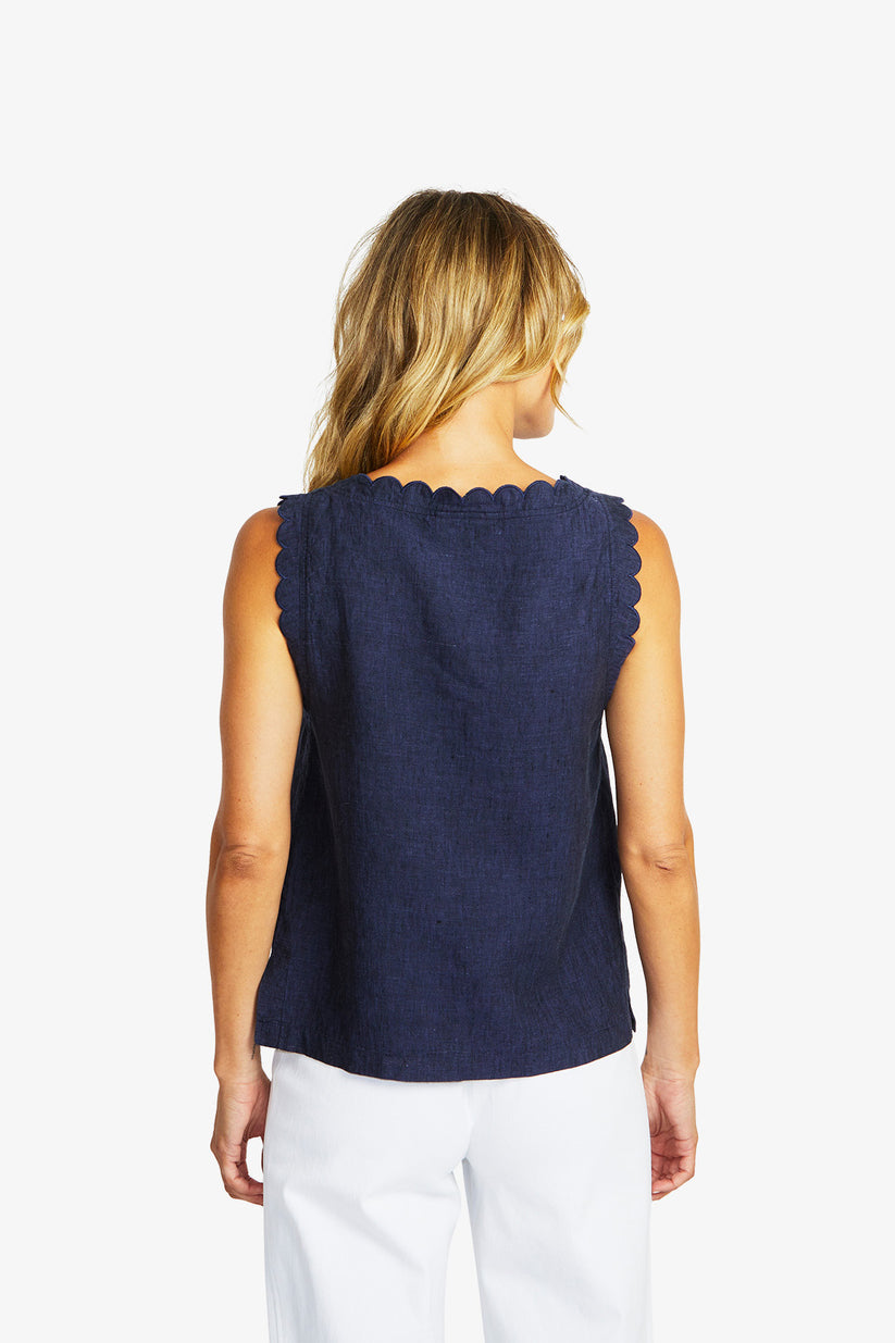 Lucy Linen Scallop Top Navy