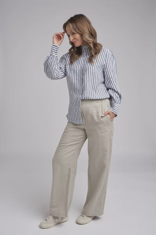Frilled Detailed Stripe Linen Shirt - Navy