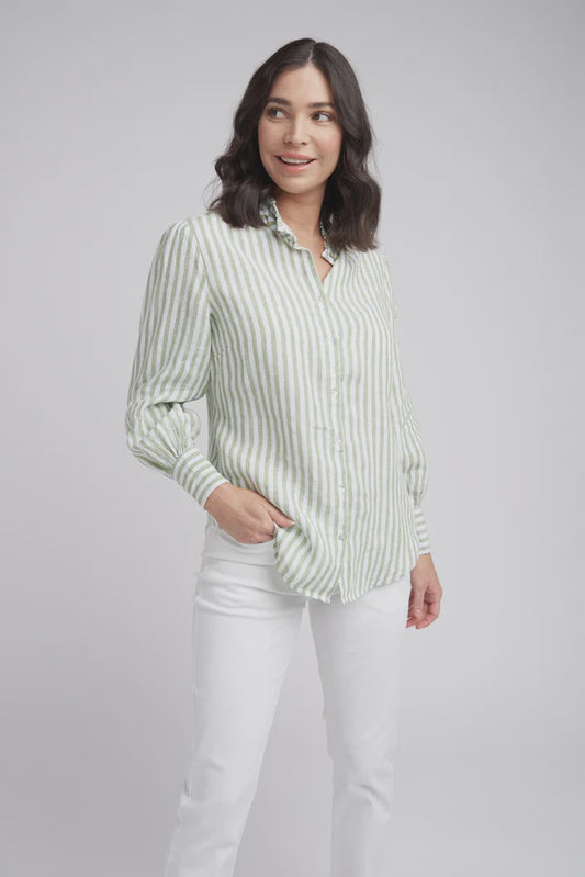 Frilled Detailed Stripe Linen Shirt - Pistachio