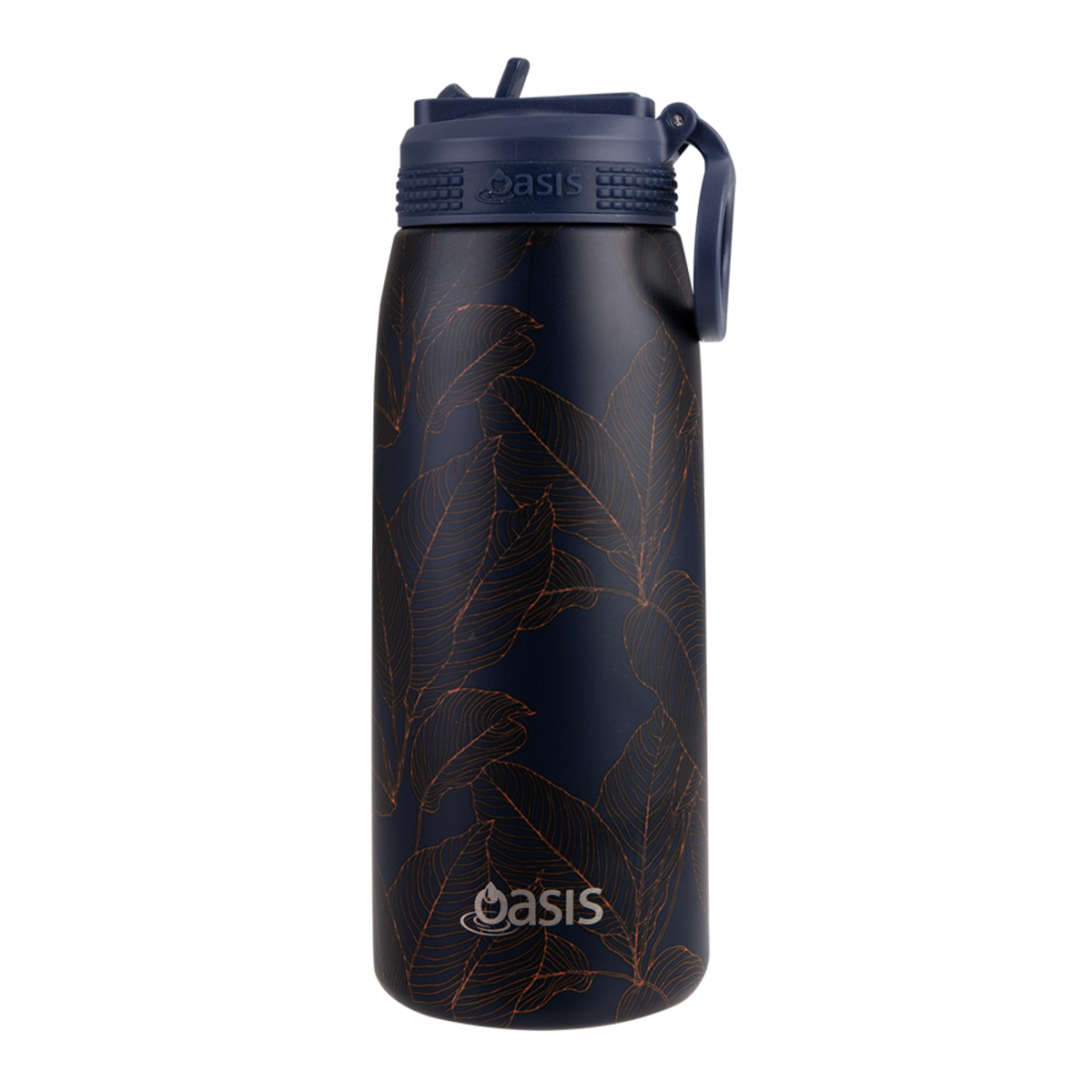 Sports Drink Bottle Double Wall With Sipper Straw 780ml Navy Leaves