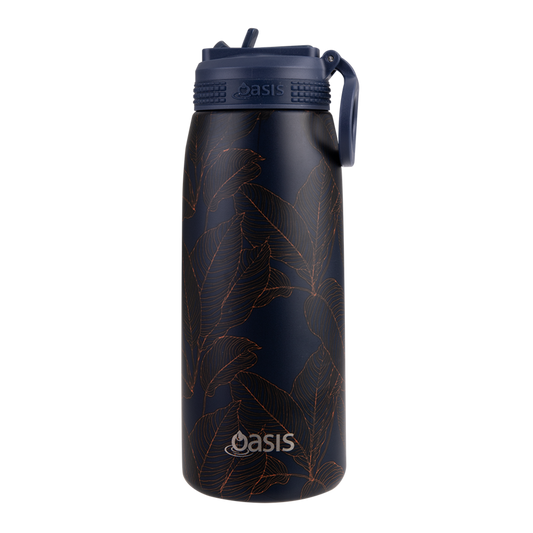 Sports Drink Bottle Double Wall With Sipper Straw 780ml Navy Leaves